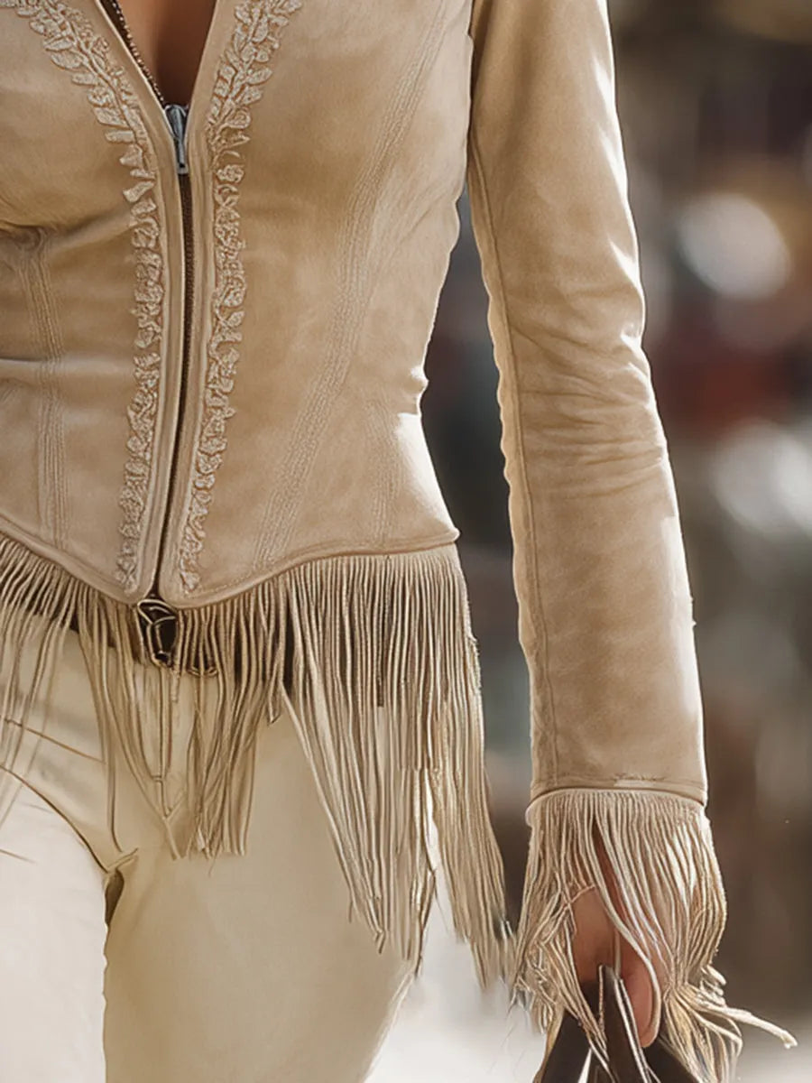 Casual Vintage Khaki Lace Tassel Jacket