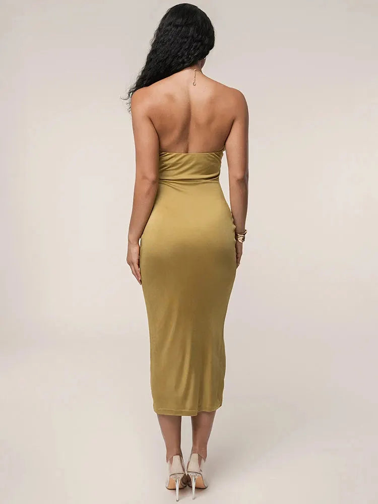 Leona Halterneck Cut-Out Midi Dress with Gold Ring Detail – Black, Pink and Olive Green Bodycon Holiday Dress