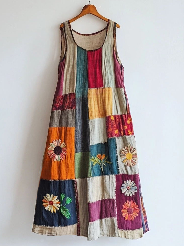 Vintage Floral Embroidered Patchwork Linen Blend Dress 02bb