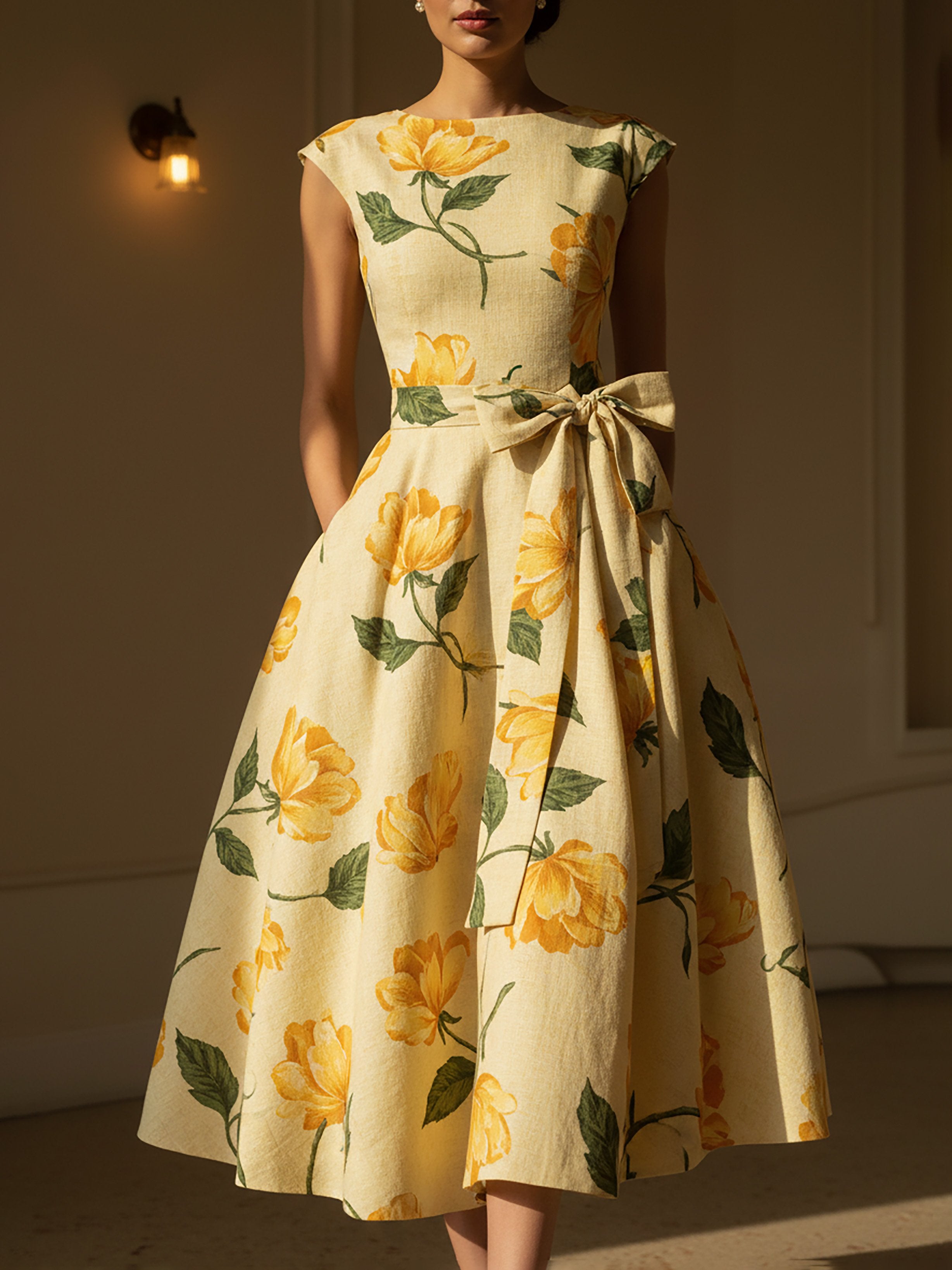 Midi Linen Dress, Cap Sleeves, Round Neck, Floral, Bow, Vintage, Yellow