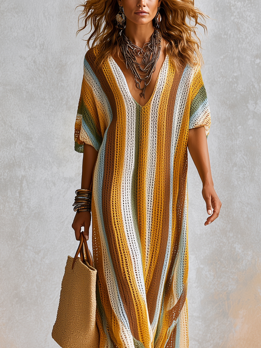 Bohemian Style Multi Colored Striped Knit Maxi Dress