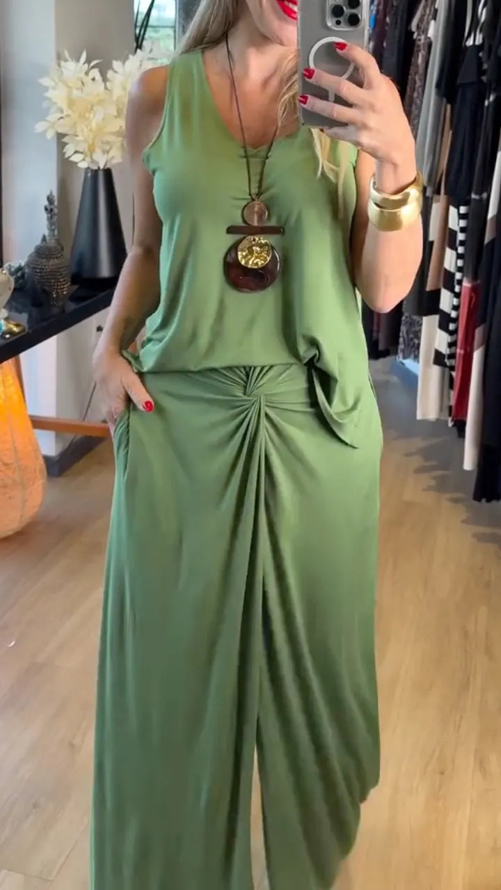 Sleeveless Tank Top & Twist Front Wide Leg Pants Two Piece Set