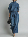 Women's Stand-collar Long-sleeved Casual Loose Denim Top And High-waisted Casual Loose Wide-leg Denim Pants Set.