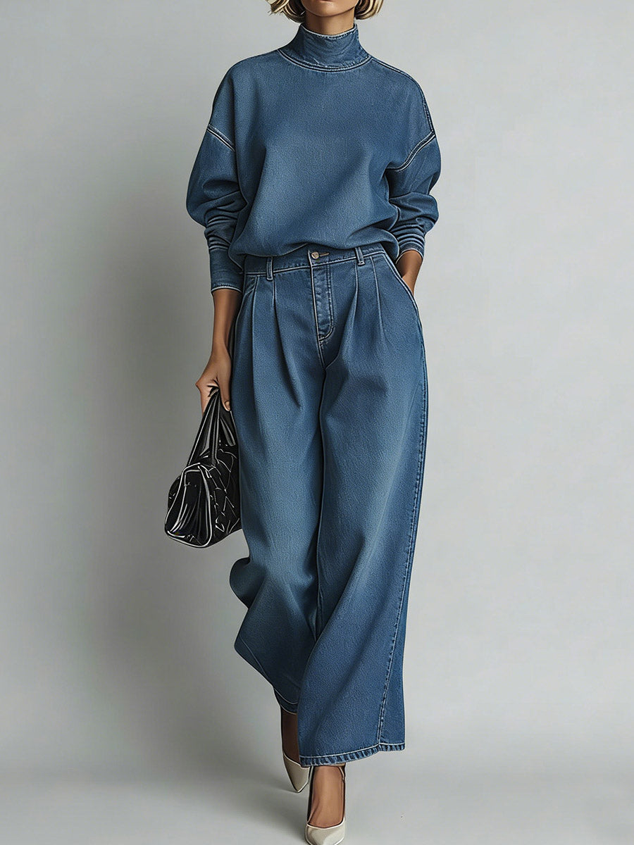 Women's Stand-collar Long-sleeved Casual Loose Denim Top And High-waisted Casual Loose Wide-leg Denim Pants Set.