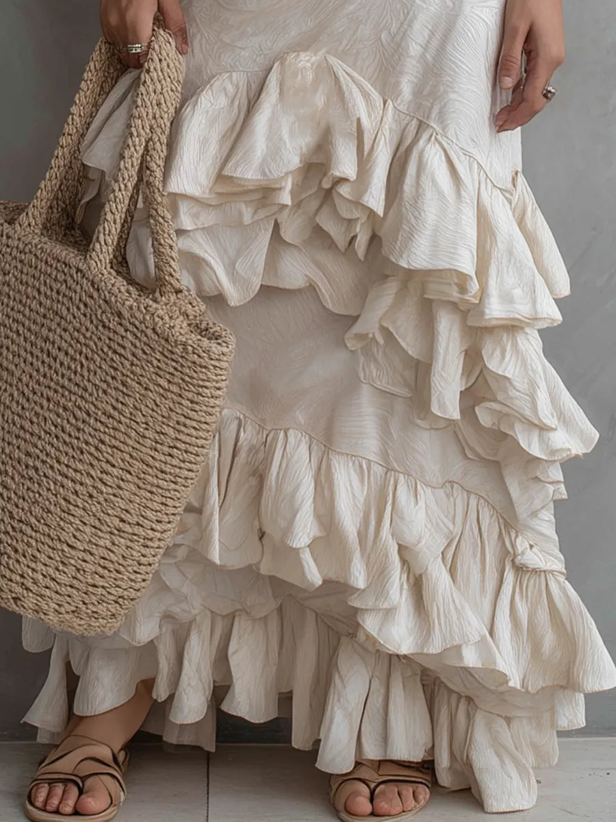 Elegant Textured Halter Neck Ruffle Hem Maxi Dress