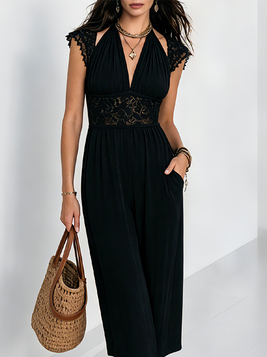 Resort Black Halter Neck Lace Trim A-Line Midi Dress