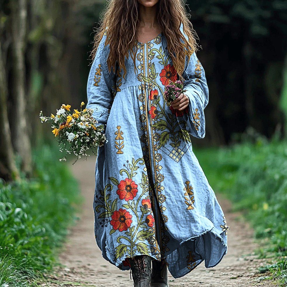 Vintage Ethnic Floral Linen Long Sleeve Dress
