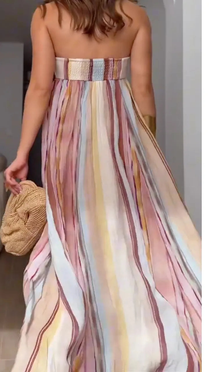 Pastel Watercolor Stripe Strapless Maxi Dress