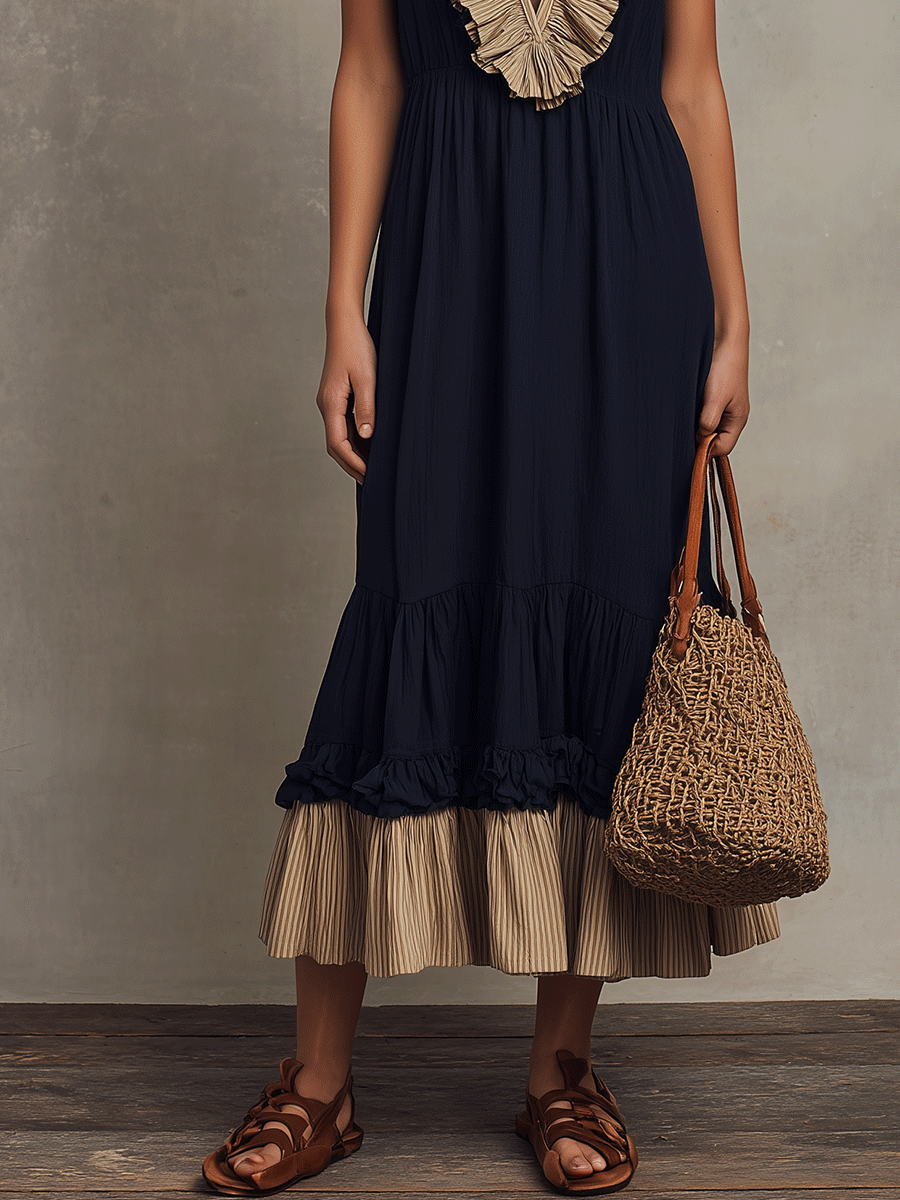Elegant Vintage Romance Navy & Sand Tiered Maxi Dress