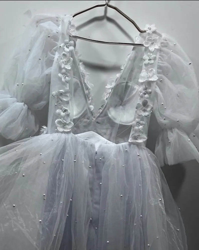 Short Wedding Dress V-Neck Half Sleeves Pearls Flowers Mini Bride