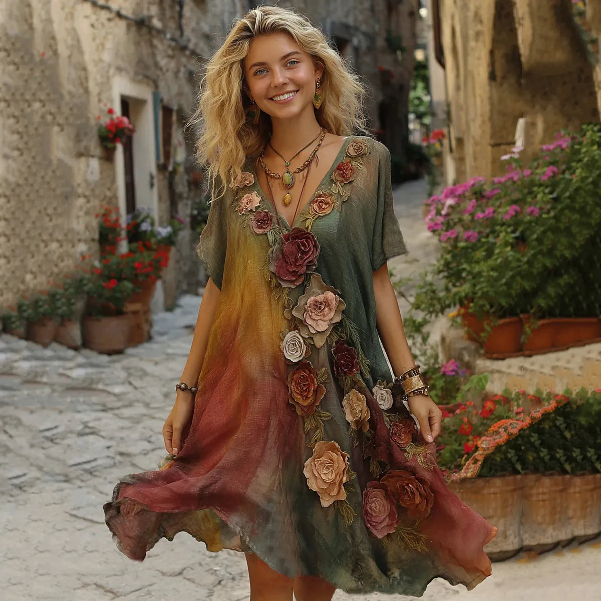 The Sunset Collection Vintage Rose And Floral Gradient Art Linen V Neck Midi Dress
