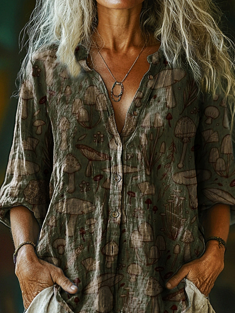 Women's Retro Mushroom Print Casual Cotton And Linen Shirt