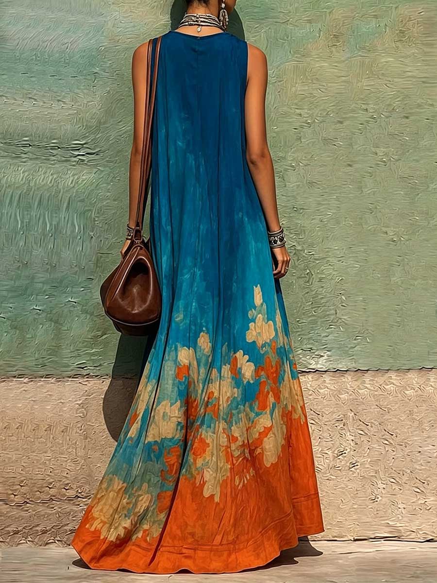 Women's Casual Loose Cotton-linen Dress — V-neck Sleeveless With Placement Print
