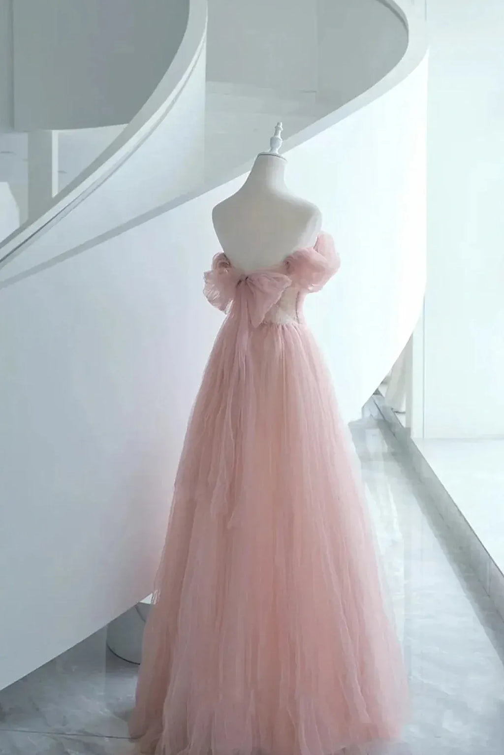 Pink Tulle Scoop A-line Floor Length Party Dress, Pink Off Shoulder Formal Dress Prom Dress    25013