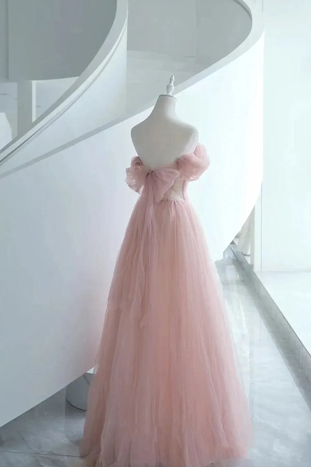 Pink Tulle Scoop A-line Floor Length Party Dress, Pink Off Shoulder Formal Dress Prom Dress    25013