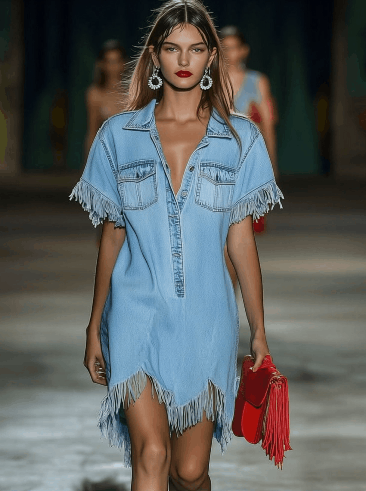[24-hour shipping out]Casual Loose Vintage Denim Short Sleeve Shirt Tassel Mini Dress
