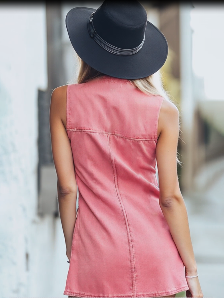 [24-hour shipping out]Chic Pink Denim Button Front Sleeveless Mini Dress