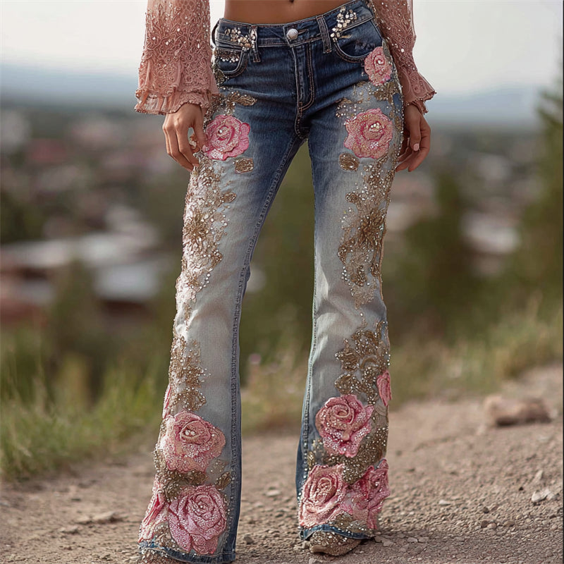 Vintage Pink Roses Glitter Embroidered Washed Bootcut Jeans
