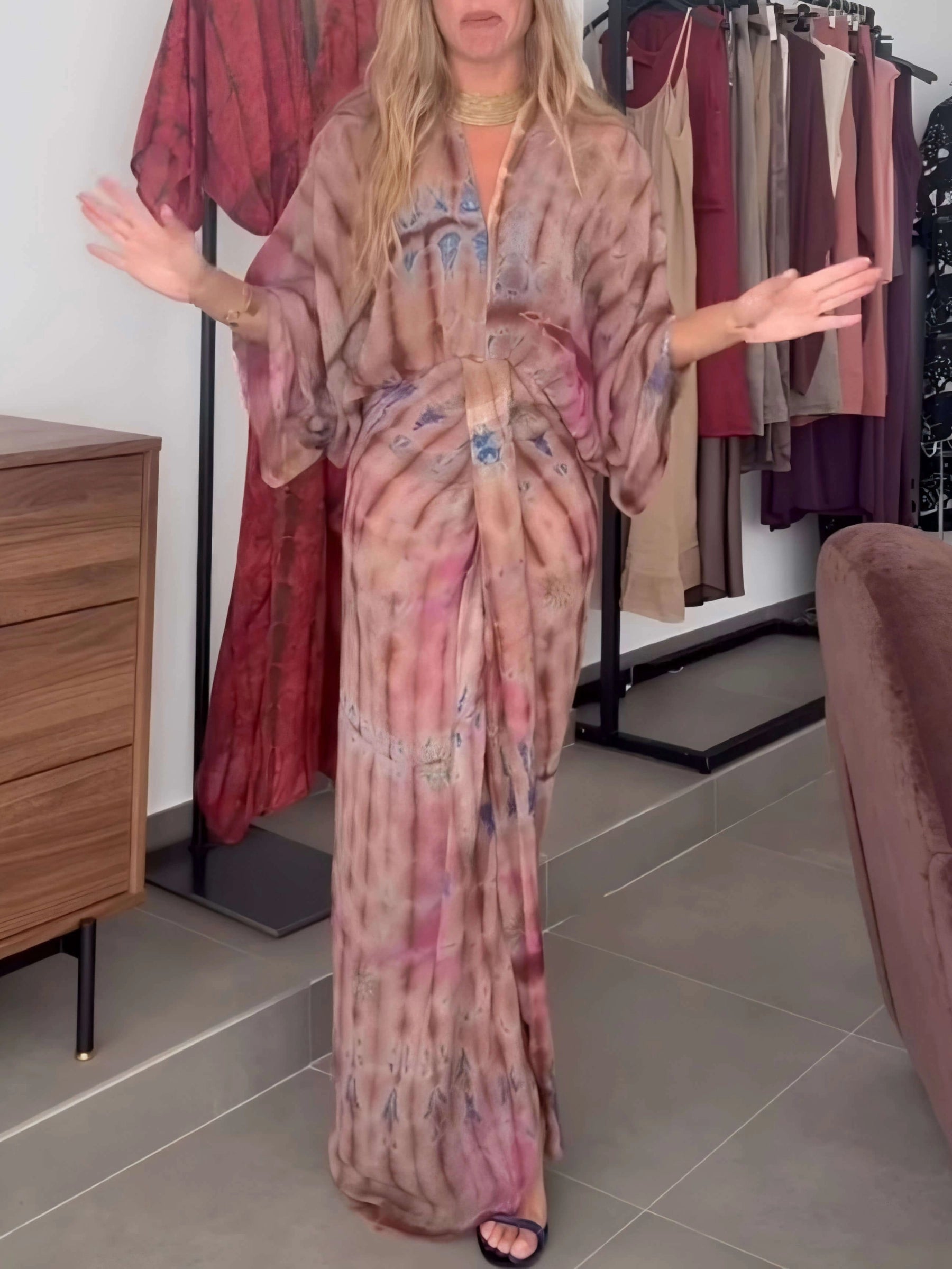Tie-Dye V-Neck Batwing Sleeve Waist Tie Maxi Dress