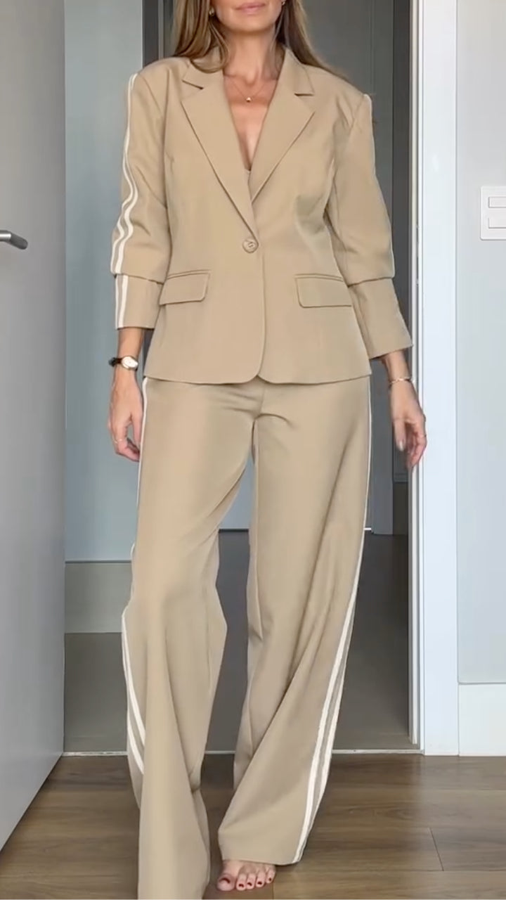 Khaki Striped Blazer Pants Set