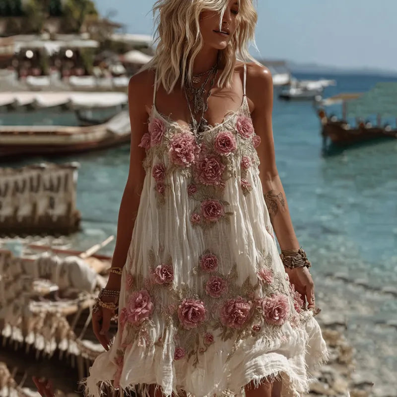Women's Vintage Floral Embroidery Art Comfy Linen Mini Dress