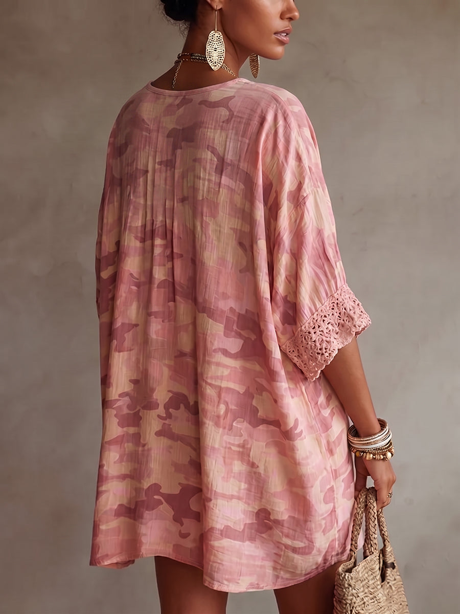 Casual Lace-trimmed Collar Leopard Print Loose-fit Tunic Shirt