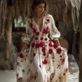 Bohemian Style Red Rose Retro Cotton And Linen Woman's V-neck Dress