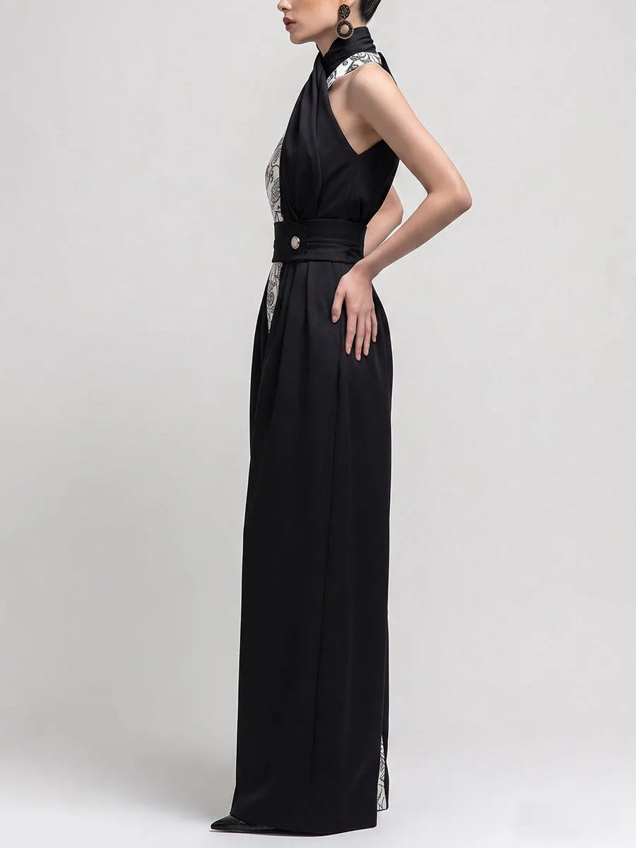 Split-Joint Pockets Pleated Flower Print Contrast Color Buttoned Wide Leg Sleeveless One-shoulder Jumpsuits