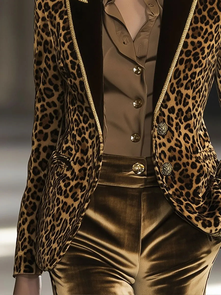 [24-hour shipping out]Casual Fashion Velvet Leopard Print Contrast Lapel Gold Edge Blazer