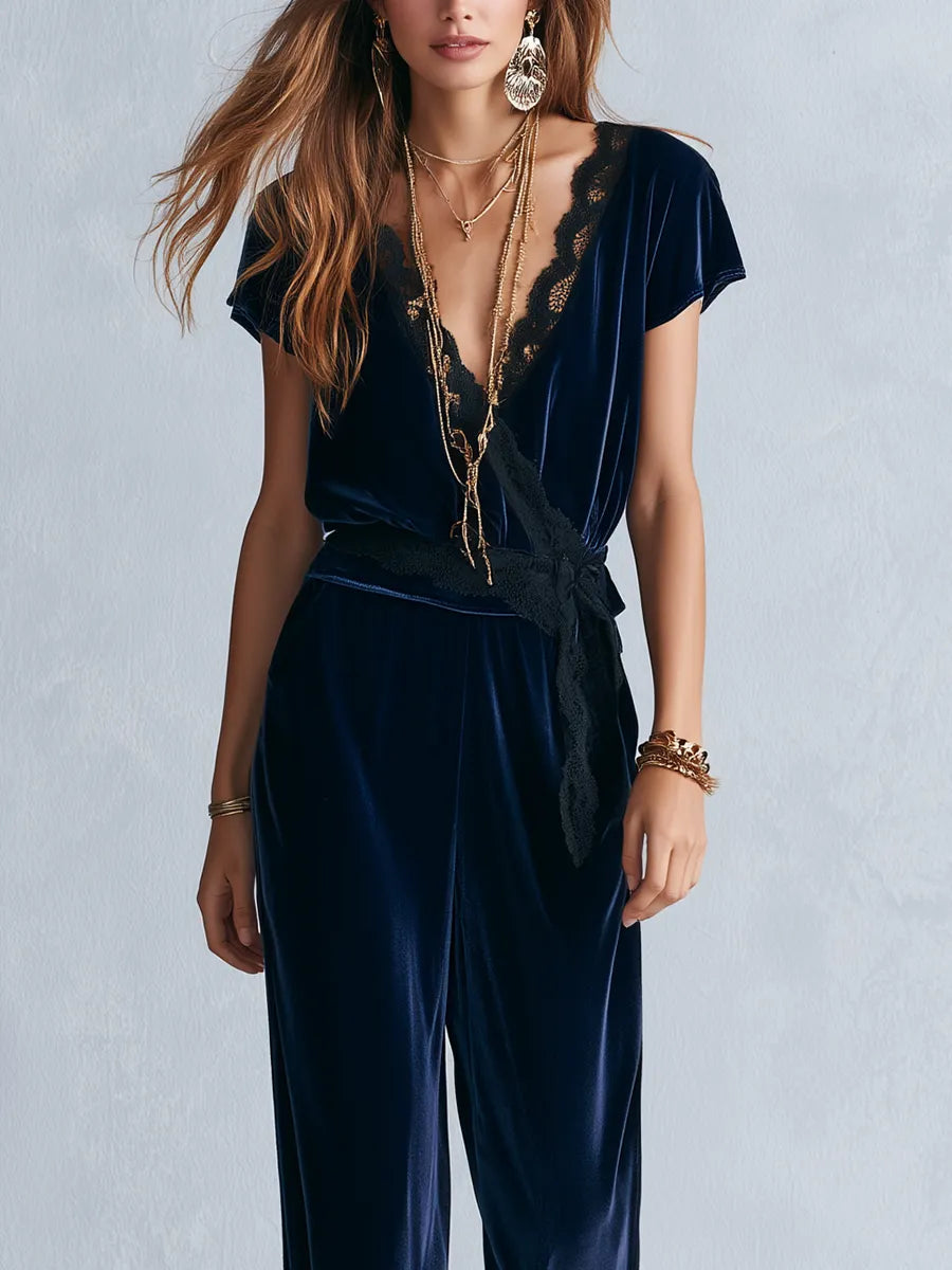 Bohemian Navy Blue Lace Trimmed Jumpsuit