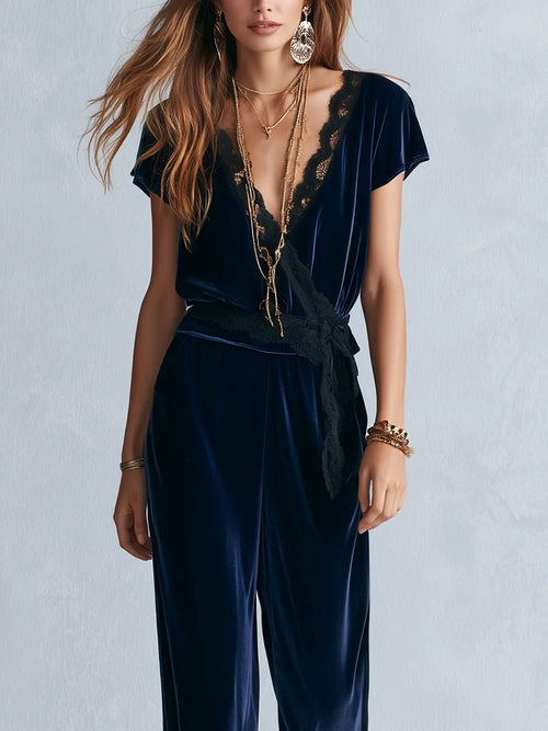 Bohemian Navy Blue Lace Trimmed Jumpsuit