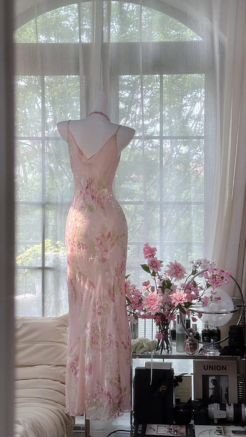 Pink Delicate Floral Long Chiffon Ball Gown Evening Dress Party Dress Birthday Dress Date Dress 4161