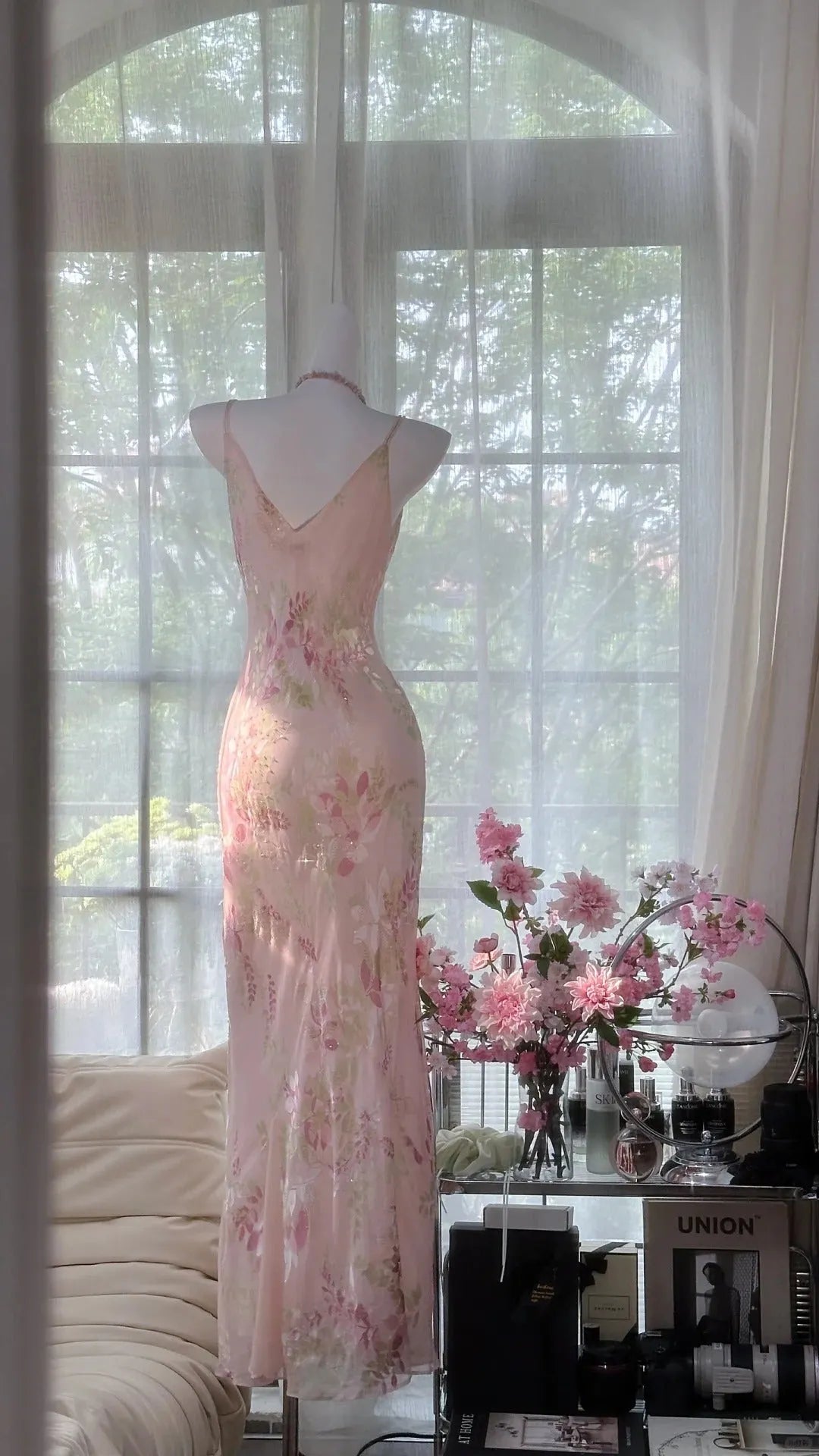 Pink Delicate Floral Long Chiffon Ball Gown Evening Dress Party Dress Birthday Dress Date Dress 4161