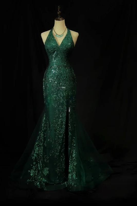 Chic V-Neck Mermaid Long Prom Dresses Sequins Tulle Dark Green Evening Dresses Appliques Sleeveless Christmas Dresses