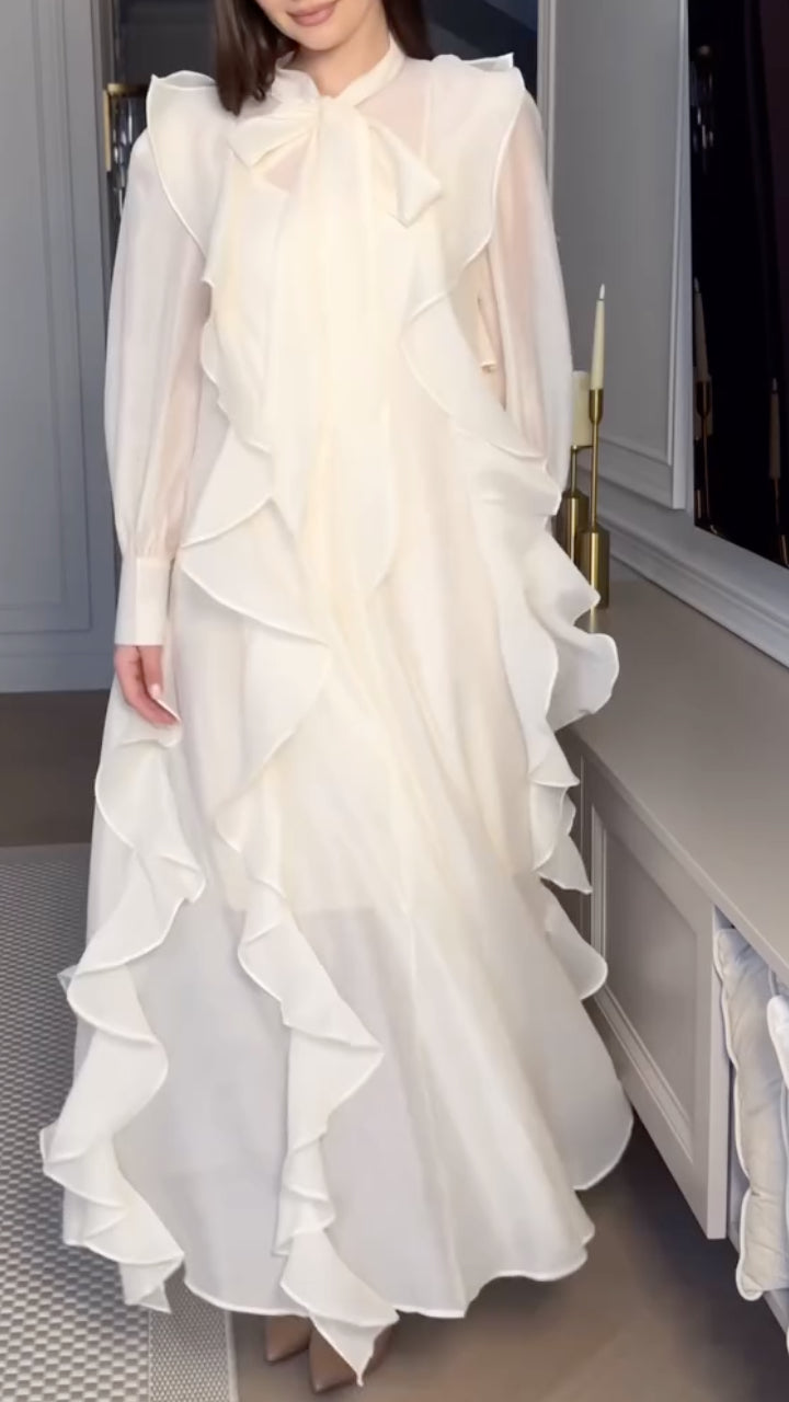 White Sheer Ruffled Tie‑Waist Maxi Dress