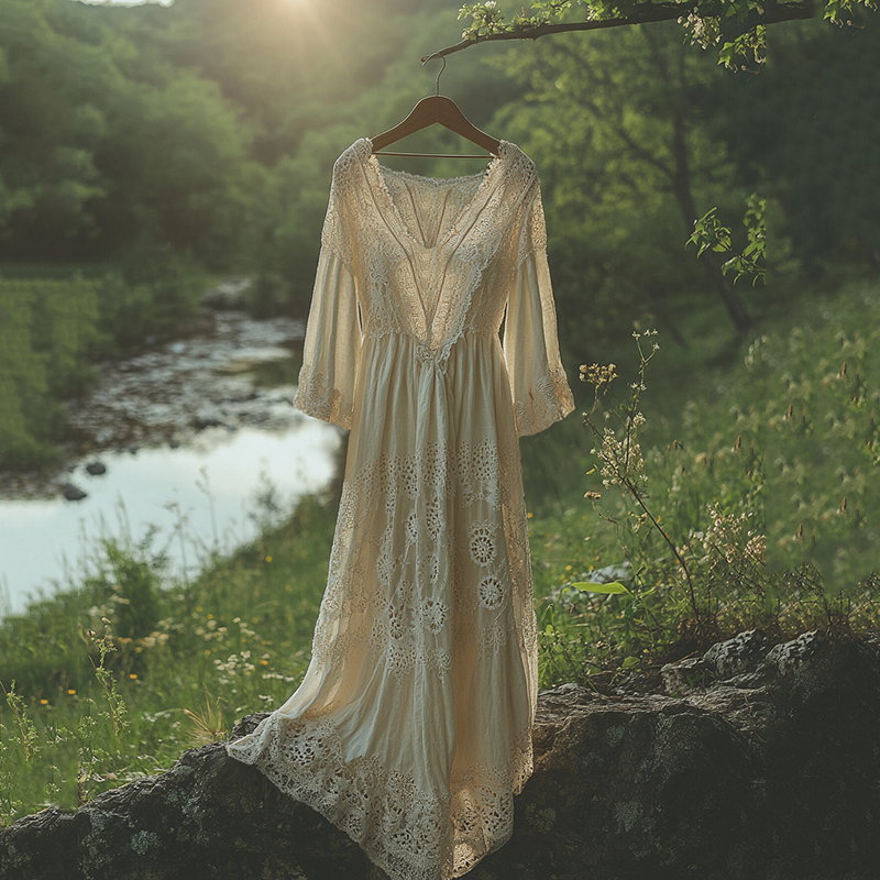Vintage  Lace Art Linen Maxi Dress