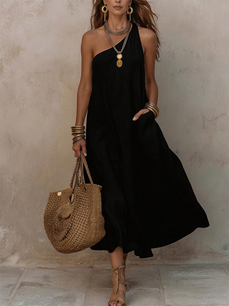 Women's Solid-color One-shoulder Retro-style Sleeveless Vacation Dress