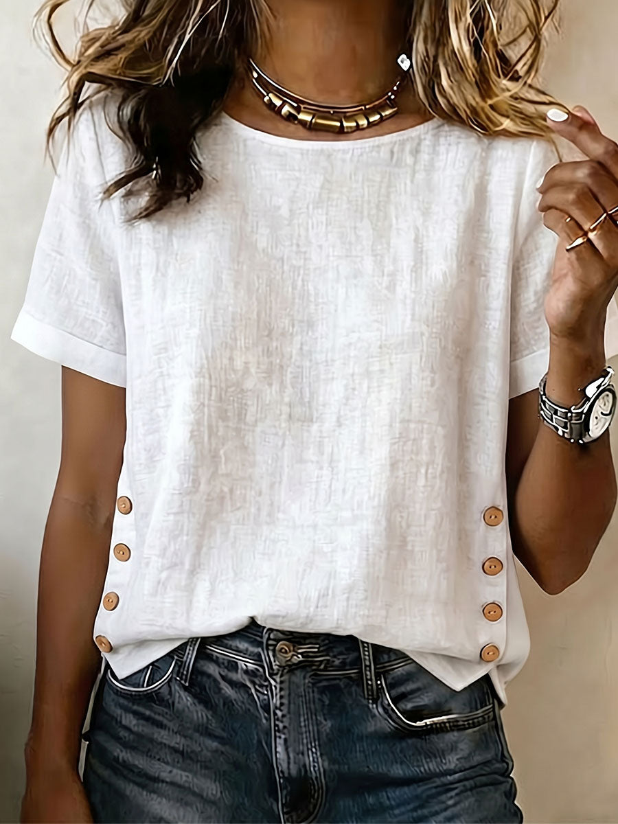 Women's Crew-neck Short-sleeve Linen Cotton Top With Side Buttons