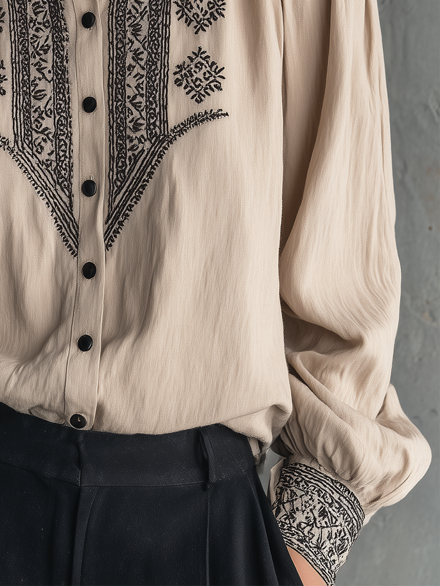 Classic Beige Embroidered Button-Up Blouse
