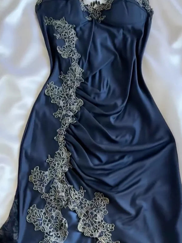Blue gorgeous exquisite applique lace spaetti straps long satin prom dress evening dress party dress