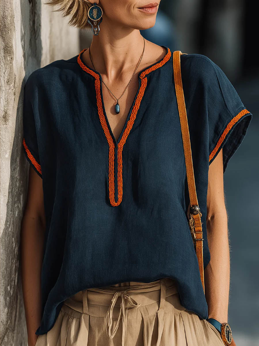 Women's V-neck Short-sleeve Casual Loose Cotton-linen Top