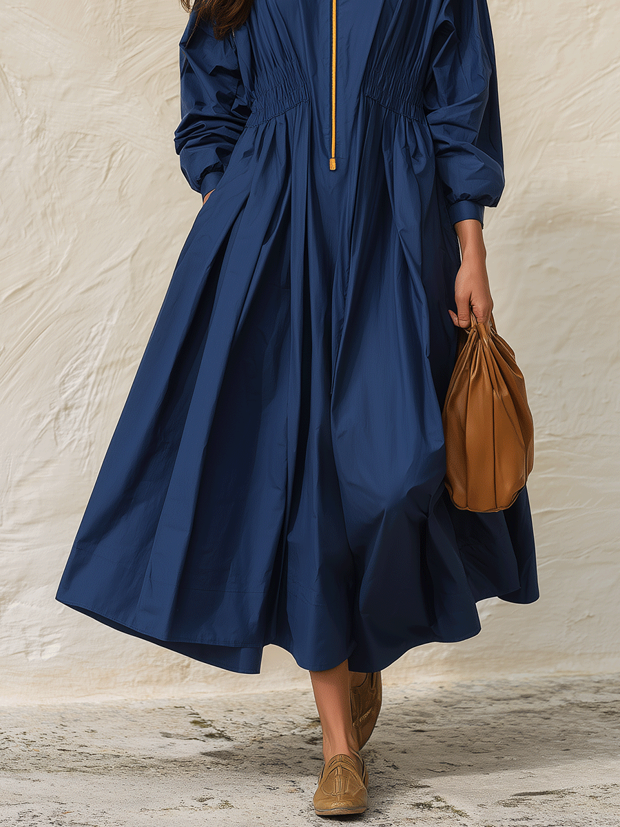 Women's Zip-Up Stand Collar Long Sleeve Cinched Waist Maxi Dress