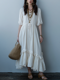 Ivory White High Waisted Drawstring Ruffled Hem Midi Dress