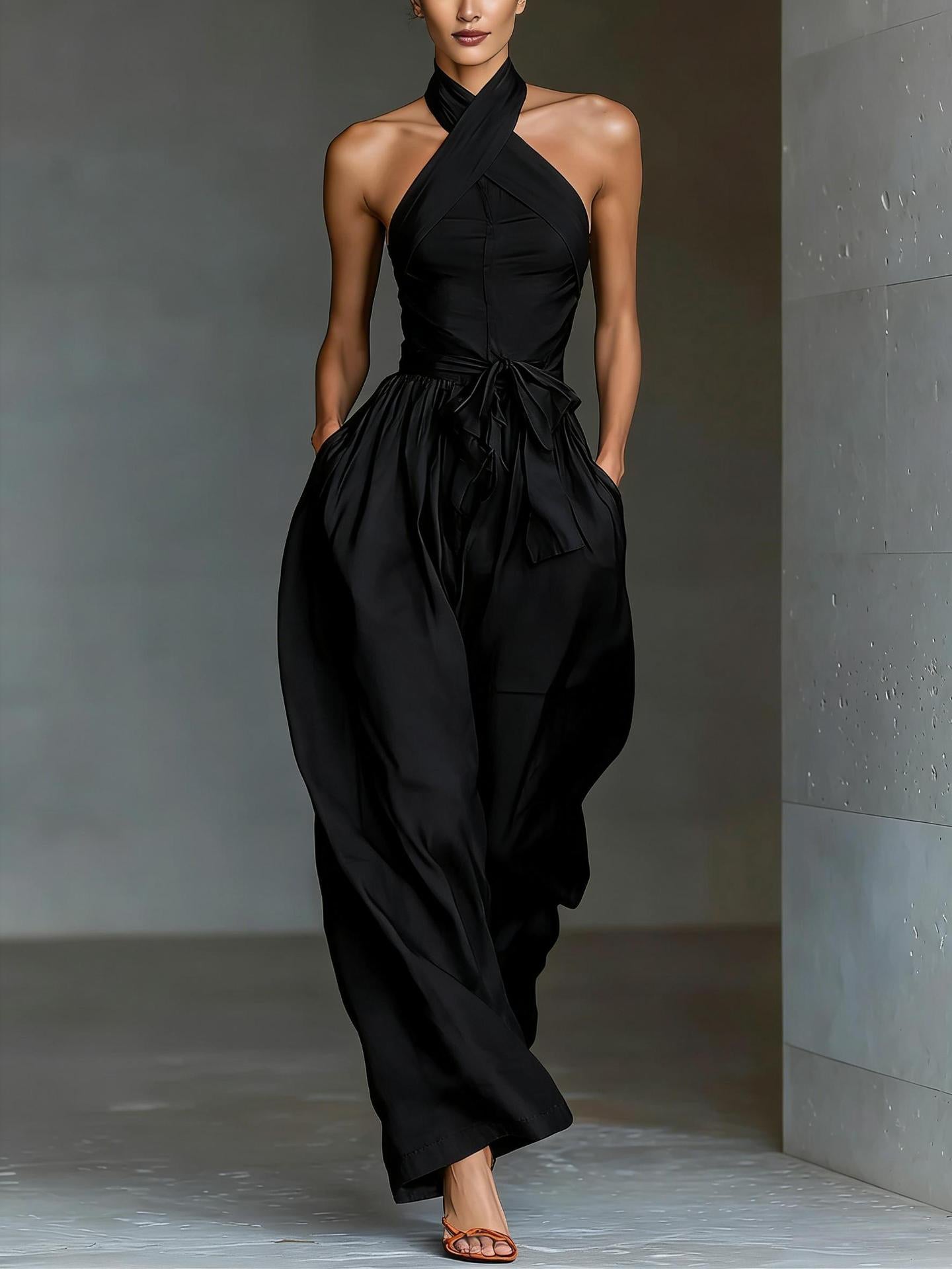 Women's Elegant Cross Halter Jumpsuit - Wide-Leg Backless Tie-Waist Romper for Summer & Vacation