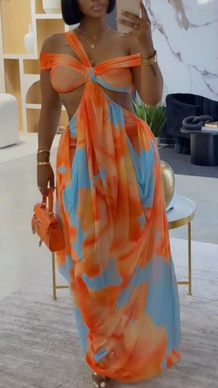 Orange‑Blue Tie‑Dye Cutout Maxi Dress