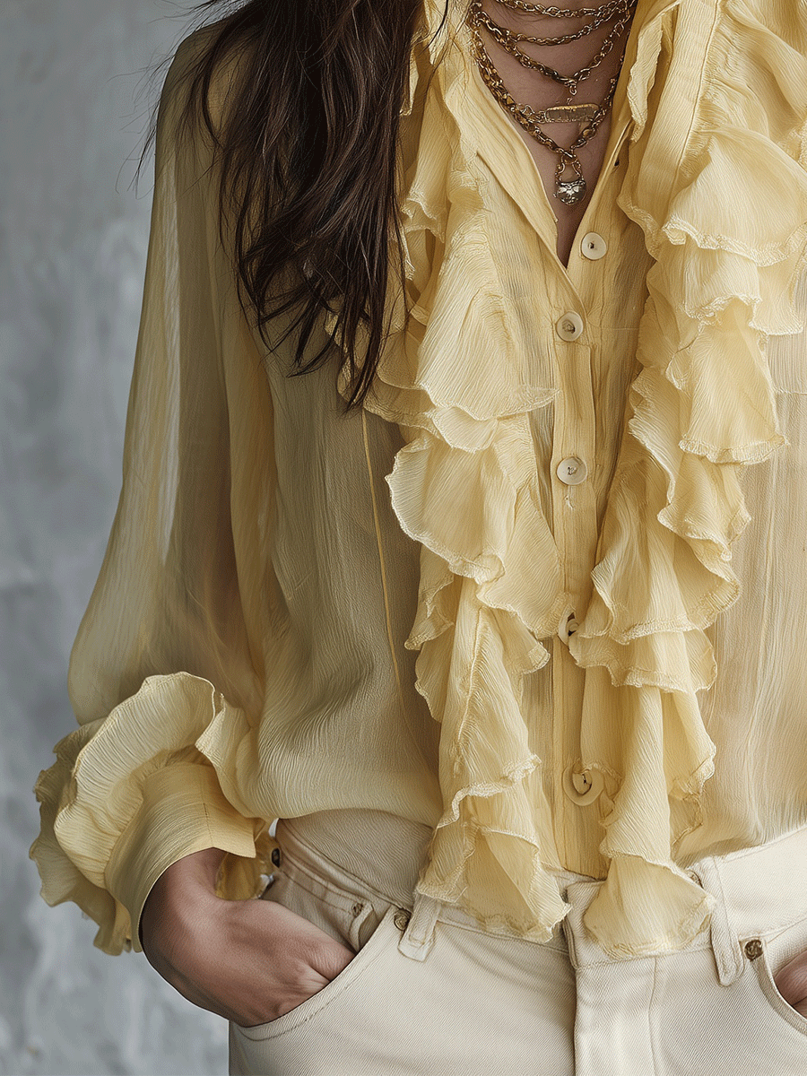 Elegant Coastal Flowy Layered-Ruffle Stand-Collar Lemon Yellow Chiffon Blouse