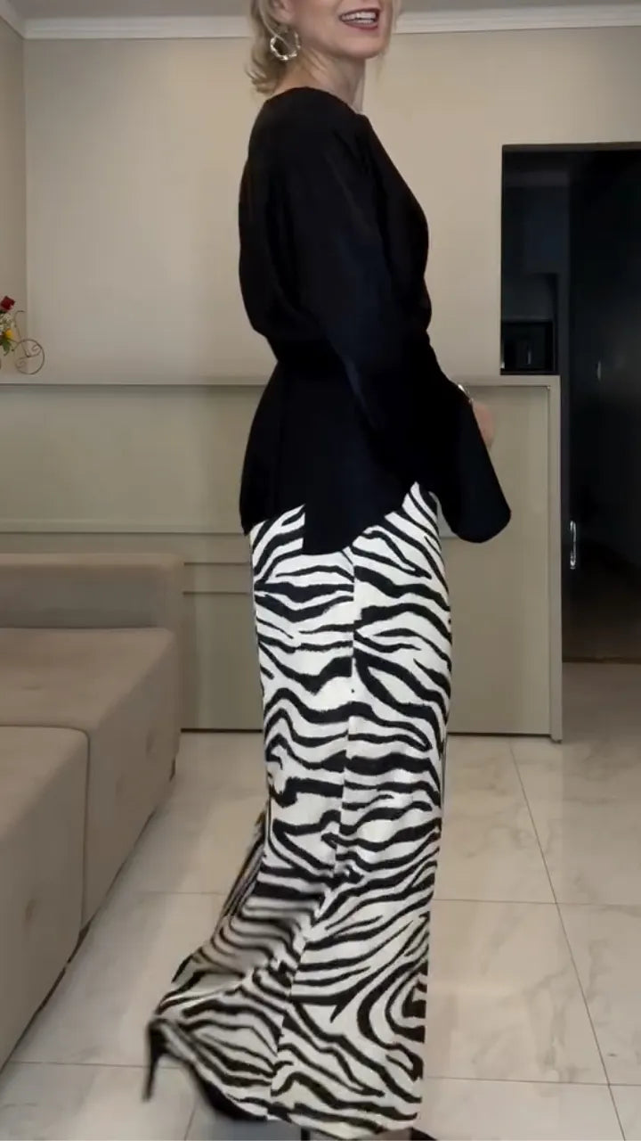 Black Satin Blouse with Zebra Print Maxi Skirt Set