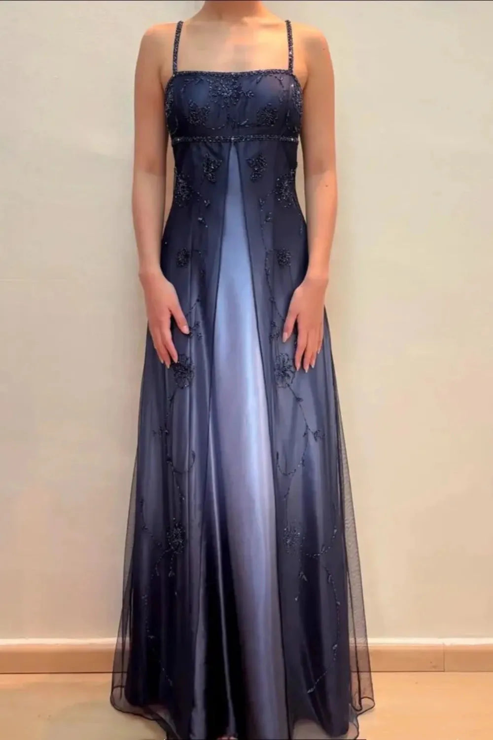 Navy Blue Formal Evening Gown With Delicate Beading Details, Long Chiffon Satin Fabric