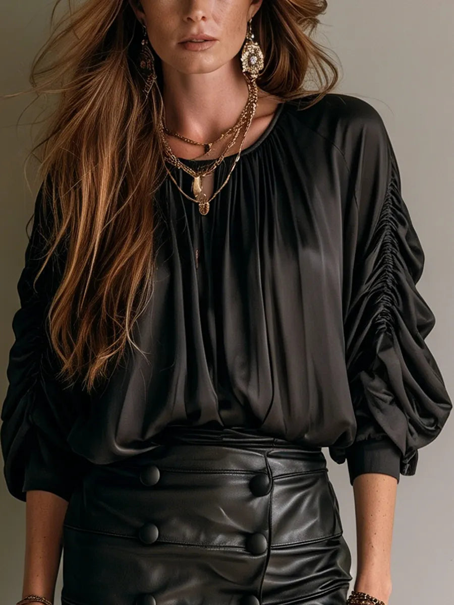 Bohemian Black Ruched Satin Shirt