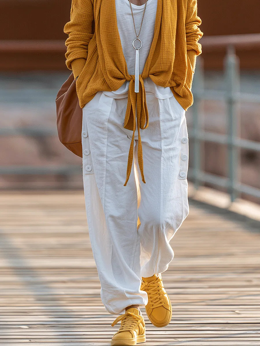 Coastal Boho Mustard Knit Cardigan & White Linen Cargo Pant Set